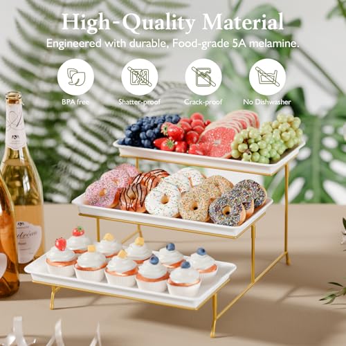 3-Tier Melamine Serving Tray Set, 14"x7" Platters for Serving Food, White Reusable Trays with Golden Metal Display Stand for Cupcakes, Sevring Food, Dessert, Fruit, Cookie, 24K Gold-Plated - color: Gold, size: 14" x 7"