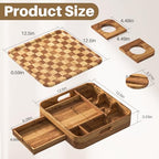 Couch Cup Holder, Checkered Couch Tray Cup Holder Sofa Tray, Acacia Wood Large Capacity 2-Tier Wooden Trays with Drawer for Sofa, Bed, Picnic, Drinks, Snacks, Remote, Cell Phone 12.5 * 12.5 in - color: Acacia Wood + Checkered