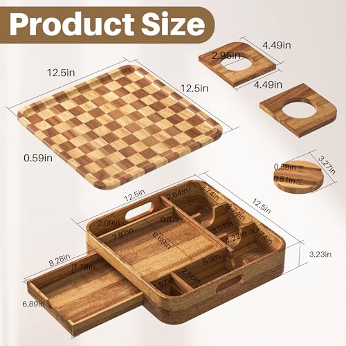 Couch Cup Holder, Checkered Couch Tray Cup Holder Sofa Tray, Acacia Wood Large Capacity 2-Tier Wooden Trays with Drawer for Sofa, Bed, Picnic, Drinks, Snacks, Remote, Cell Phone 12.5 * 12.5 in - color: Acacia Wood + Checkered