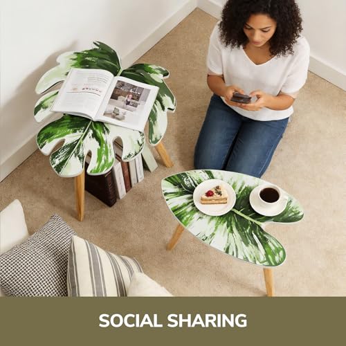 BAMEOS Monstera Leaf Nesting Tables Set of 2, Small Side Tables f Set with Leaf Vein Pattern, Modern Wooden CoffeeTables for Living Room Bedroom Apartment Balcony Yard - color: White Monstera