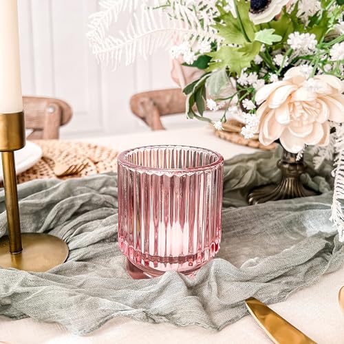 Blush Pink Vintage Ribbed Glass Tealight Votive Candle Holders by Kate Aspen (Set of 6), Pink Decor, Boho Decor, Shelf Decoration, Rose Gold Look | Perfect Hostess Gift - color: Pink
