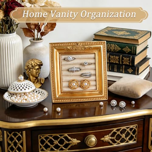 Vintage Ring Holder Rectangle Gold Velvet Display Stand - Baroque Jewelry Organizer Box Tray for Wedding Engagement Anniversary Women Birthday Christmas Gift Photograph Prop (MPF05-Gold Beige) - color: MPF05-Gold Beige