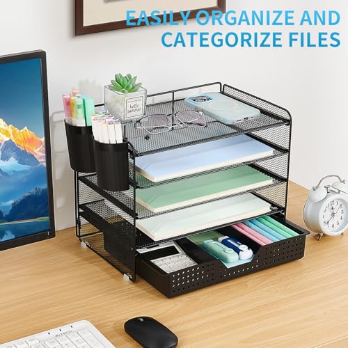 LEKETREE Desk Organizer and Accessories, 5-Tier Paper Letter Tray Organizer with Drawer & 2 Pen Holders for Desktop File Organization, Office Desk Accessories for Supplies Storage (Black) - color: Black, size: 12" x 8" x 10"