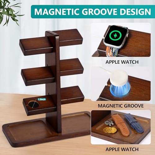 Watch Stand for Men, Watch Display Stand with Charger Groove, Wooden Watch Holder Stand, Jewelry Holder Organizer for Rings, Jewelry, Coins Bracelets, Great Gifts for Men Women, Brown - color: Brown