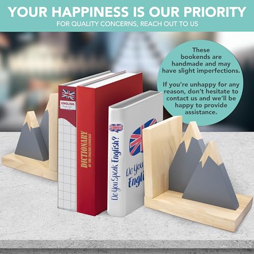 Decorably Gray Mountain Book Ends for Kids Books - 1 Set Non-Skid Wooden Decorative for Girls and Boys Room, Baby's Nursery, Classroom Decor
