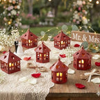 TRIROCKS 6 Pcs Mini Table Centerpieces Candle Lanterns 4" H Decorative Hanging Tealight Holders House Bulk for Wedding Farmhouse Christmas Dinner Party Indoor Outdoor Gifts(Wine Red Brushed Black)