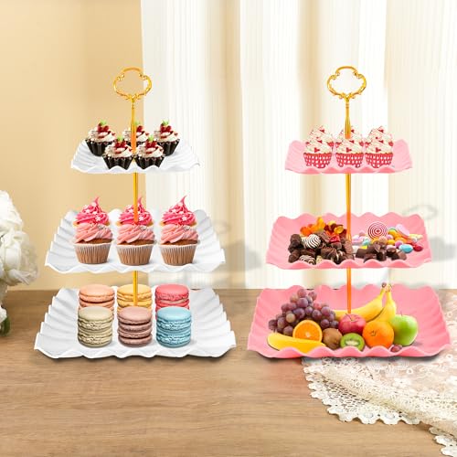 10 Pack Dessert Table Display Set - 4 x Three-Tier Square Cupcake Stands and 6 x Serving Trays, Elegant Tableware for Cakes, Cupcakes, Pastries, and Snacks, Perfect for Parties (Black) - color: Black