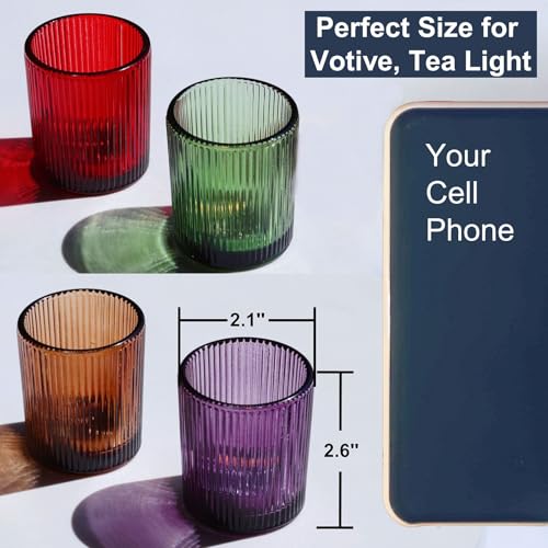 VOHO 4 Colors Ribbed Votive Candle Holders for Fall Decor, Set of 12 Tealight Candle Holder Easter/Halloween/Thanksgiving Decorations, Christmas Tea Light Candle Holder Glass Dining Table Centerpiece - color: Multicolor