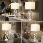 Scenekoy Sculptural Resin Table Lamp Set of 2 with USB Ports for Bedroom Living Room, 26” Antique Silver Leaf Dual Pull Chains Bedside Lamps, Nightstand Lamp for Home Room Decor (Bulbs Included) - size: 26 inches Silver Leaf -028-SL
