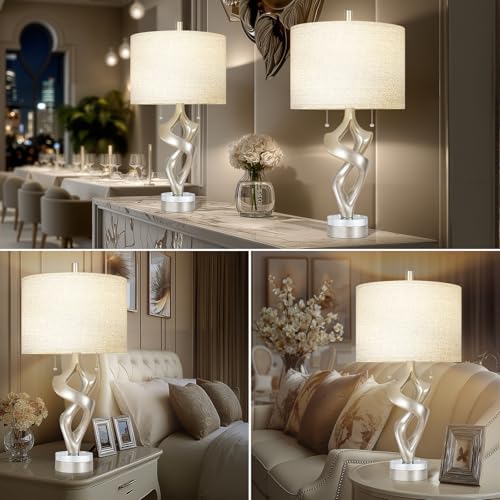 Scenekoy Sculptural Resin Table Lamp Set of 2 with USB Ports for Bedroom Living Room, 26” Antique Silver Leaf Dual Pull Chains Bedside Lamps, Nightstand Lamp for Home Room Decor (Bulbs Included) - size: 26 inches Silver Leaf -028-SL