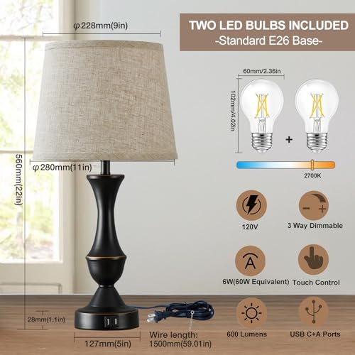 Luvkczc Upgraded Touch Table Lamps Set of 2, 22" Tall Bedside Lamps with USB C+A Ports, Dimmable Nightstand Lamps for Bedroom, Living Room, Office, Black Lamp with Beige Lampshade, Bulb Included - color: Black, Beige, size: 22in
