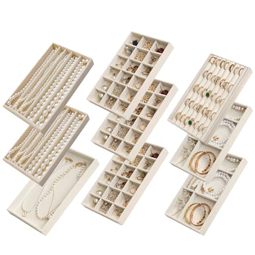 SPAKOWN Jewelry Drawer Organizer Inserts Set of 9, Jewelry Trays for Drawers Velvet Jewelry Organizer Tray Drawer Jewelry Organizers and Storage for Earring Ring Necklace Watch Bracelet (Beige) - color: Beige