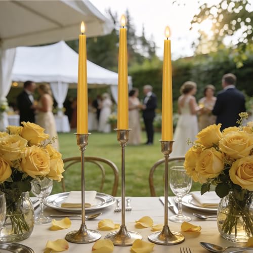 Yellow Flameless Taper Candles with Remote, 9.6 Inches Real Wax Battery Operated Candles, 3 Pack Flickering LED Candlesticks, Tall Taper Fake Candles for Home, Wedding, Party - color: Yellow