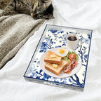 Serving Tray with Handles, 15.7 * 11.8 inches, Plastic Ottoman Tray with Exquisite Paintings, Trays for Coffee Table - color: Blue Sparrow