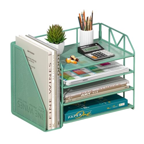 4-Tier Paper File Organizer with Drawer, Metal Desk Organizer, Tiered Paper Tray for Letter/A4 Files, Desktop Office Supplies Storage Rack, Green - color: 4-Tier Green with Bookend