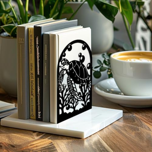 Peacoblue Metal Bookends for Shelves, Modern Decorative Heavy Duty Study Book Support Stoppers for Office, Desk, Shelf, Room 5.3"x4.3"x7.9" Cast Iron Simple Tall Bookends, 1 Pair (Sea Turtle) - style: Sea Turtle