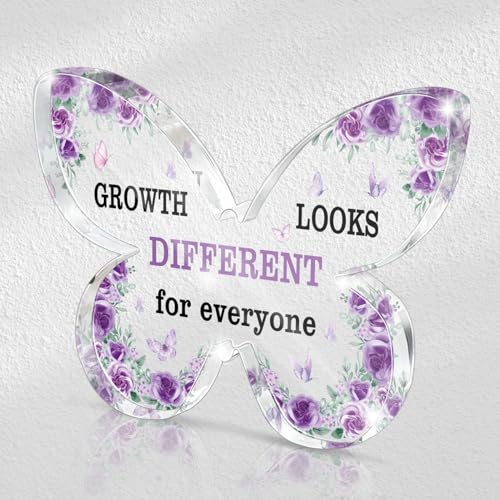 Growth Looks Different Butterfly Acrylic Sign - Purple Butterfly Decor, Unique Journey Reminder for Desk/Therapy Office, Self-Acceptance Gift for Women 4.7 * 3.2 Inch - color: Purple 45