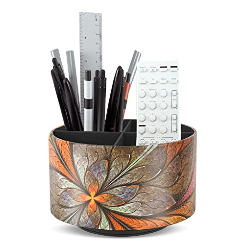 lizimandu Round Leather Art Supply Organizer,Remote Control Holder,360 Degree Rotating,Multi-Functional Pencil Holder,4 Compartments Desktop Stationary Organizer(1-Orange Flower) - color: 1-Orange Flower