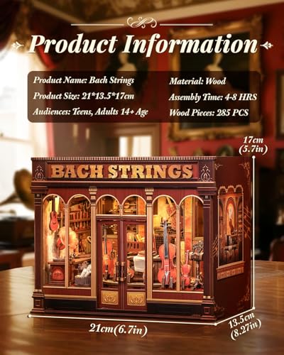 Book Nook Kit, DIY Miniature Music Workshop-Themed, 3D Wooden Puzzle Dollhouse with LED Lights, Bookend & Creative Bookshelf Decor, Craft Gifts for Family and Friends & Music Lovers (Bach Strings) - style: Bach String