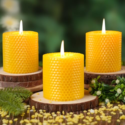 Hand-Rolled Beeswax Candles,2.8x3in-3PCS,All Natural Honeycomb Beeswax Pillar Candles,72 Hours Long Burning Bees Wax Candles for Home,Dripless Smokeless Unscented Honeycomb Pillar Candle - color: 2.8x3in, size: 3pcs