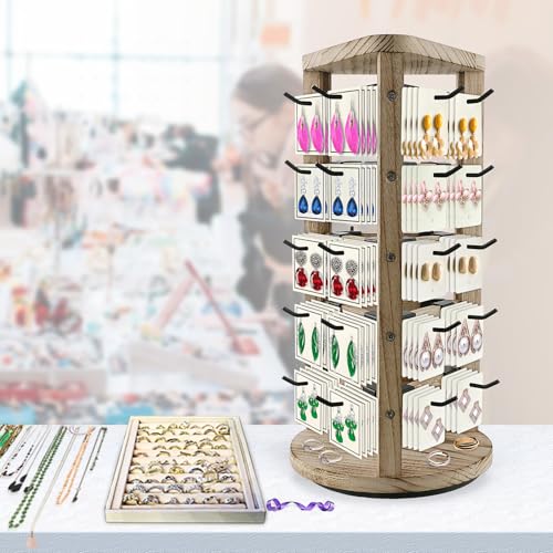 Wood Rotating Earring Display for Vendors, Wooden Jewelry Display for Vendors with 30 Removable Hooks 5 Tier Tabletop Necklace Display Stand Key Chain Display