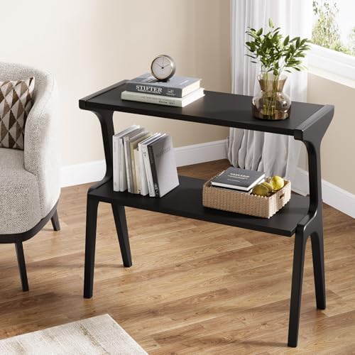 Tribesigns Solid Wood End Table, Modern Side Table for Couch, 2-Tier Narrow Tall End Table, Long Bedside Table for Living Room, Bedroom, Black - color: Black
