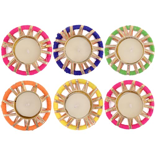 SATVIK 6 Pcs Round Chakra Metal Diya Tea Light Candle Holder | Decorative Oil Lamp for Diwali, Pooja, Mandir & Home Décor | Festival Decoration & Gifting Set with Tea Lights - size: Pack of 6