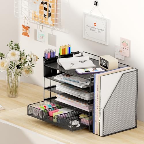 OPNICE Desk Organizer, 5-Tier Paper File Organizer with Drawer & Pen Holder, Office Desk Accessories, Workspace Desktop Organizer for Office Supplies(Black) - color: Black, size: 5-Tier