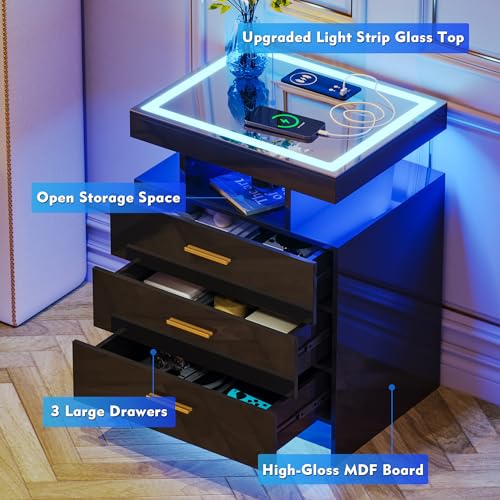 Lvifur 2 Set Nightstands with Wireless Charging Station for Bedroom, Auto Sensor 3 Color Dimmable LED End Table, Modern Bedside Table with 3 Drawers & 3 Open Compartments (2 x Black) - color: Black X2 3 Drawers-glass Top