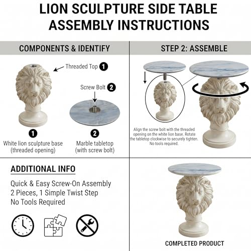 White Lion Head Sculptural Side Table with Faux Marble Top, 19.68" Round Resin Animal End Table, 25.59" H Majestic Accent Table for Living Room & Entryway, Regal Housewarming Gift - color: White Lion