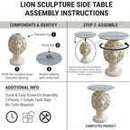 White Lion Head Sculptural Side Table with Faux Marble Top, 19.68" Round Resin Animal End Table, 25.59" H Majestic Accent Table for Living Room & Entryway, Regal Housewarming Gift - color: White Lion
