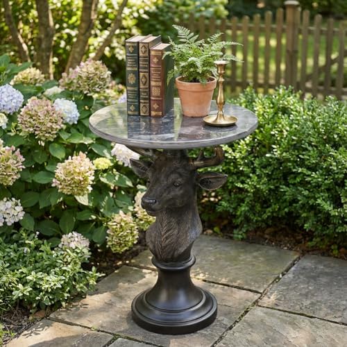 Modern Accent Table with Vintage-Style Deer Ornament Base, Minimalist Faux Marble End Table for Living Room Reception Area & Bedroom, 19.69 Inches Wide × 25.59 Inches High - color: Vintage Color Deer Head Statue Table