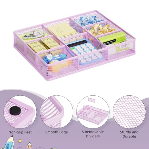 Marbrasse Desk Drawer Organizer, Metal Mesh Drawer Organizer Tray with 5 Adjustable Compartments,Desk Organizers and Accessories for Home,Office,Kitchen,Makeup,Vanity (Purple) - color: Purple