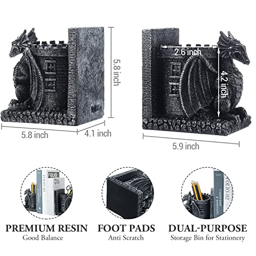 Bookends Dragon, Gothic Black Resin Dragon Guarding Castle Pencil Cup Bookends, Office Desk Book Ends with Decorative Fantasy Dragons and Stone Tower Pen Holders, 1 Pair - color: Black