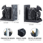 Bookends Dragon, Gothic Black Resin Dragon Guarding Castle Pencil Cup Bookends, Office Desk Book Ends with Decorative Fantasy Dragons and Stone Tower Pen Holders, 1 Pair - color: Black