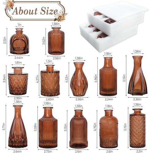 TBWIND 12-Piece Glass Bud Vase Set – Small Caramel Coffee Brown Etched Glass Vases with Unique Shapes and Weighted Base for Windowsills, Bathrooms, and Table Centerpiece Décor - color: Caramel Brown-12pcs