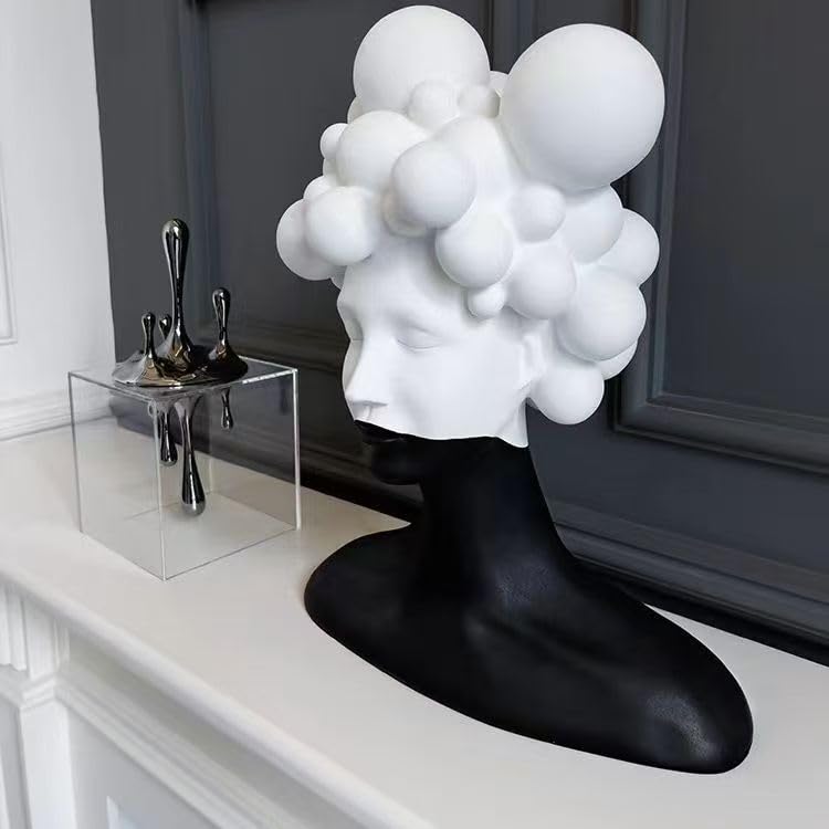 Modern Abstract Resin Sculpture, Black and White Bust with Bubble Crown Design, Contemporary Art Decor
