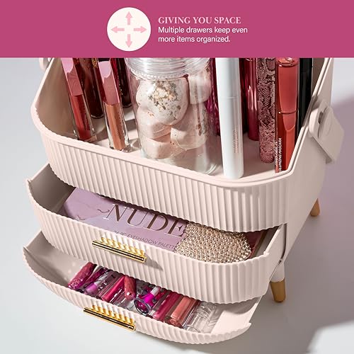 Paris Hilton Makeup Storage Organizer with Lid, Cosmetics and Skincare Organizer for Vanity, Portable Makeup Storage Box for Countertop, Fluted Design with Gold Accents, Pink - style: Organizer Box