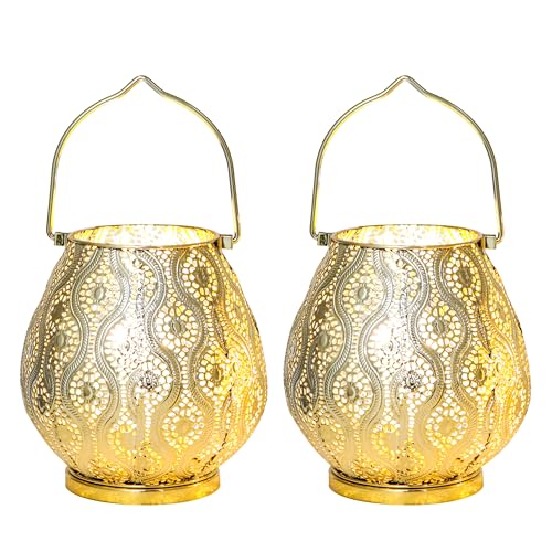TRIROCKS Set of 2 Moroccan Decorative Lamps 8'' High Cordless Lamp Metal Table Lamps with Fairy Lights Bulb for Home Living Room Garden Yard Party Events Tabletop Indoor Outdoor(Gold) - color: Gold