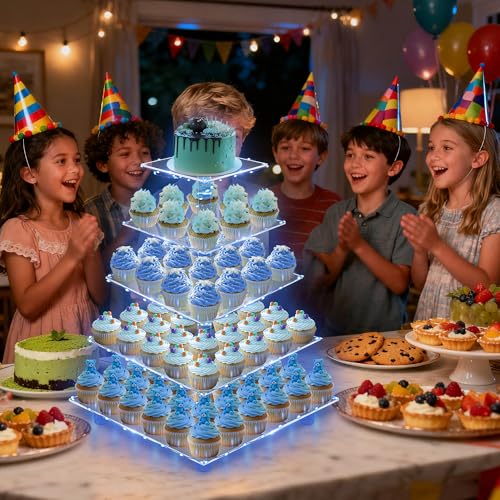 YestBuy 5 Tier Cupcake Stand Acrylic Cupcake Tower Display with LED Light Premium Cupcake Holder Dessert Tree Tower for Birthday Cady Bar Party Décor Weddings, Birthday Parties Events (Blue Light) - color: Blue, size: 5 tier