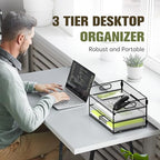DALTACK 3 Tier Paper Organizer with Handle, Mesh Metal Desk Organizer with Sliding Paper Trays for Letter/A4 Paper, Mail, Bills & Folders, Black - color: Black