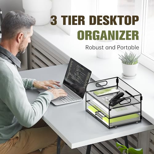 DALTACK 3 Tier Paper Organizer with Handle, Mesh Metal Desk Organizer with Sliding Paper Trays for Letter/A4 Paper, Mail, Bills & Folders, Black - color: Black