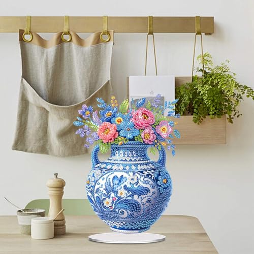 5D Tabletop Diamond Art Kit Vase, Stand Up Special Shaped Crystal Diamond Art Desktop Kits for Adults, DIY Diamond Art Painting Kits Craft Gift, Box Package (Blue) - color: Vase Bouquet