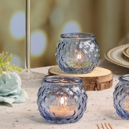DARJEN Blue Votive Candle Holders Set of 24- Round Glass Candle Holders Bulk for Tea Light Candle, Diamond Texture Candle Votives for Wedding Centerpiece, Party & Home Decor - color: Blue
