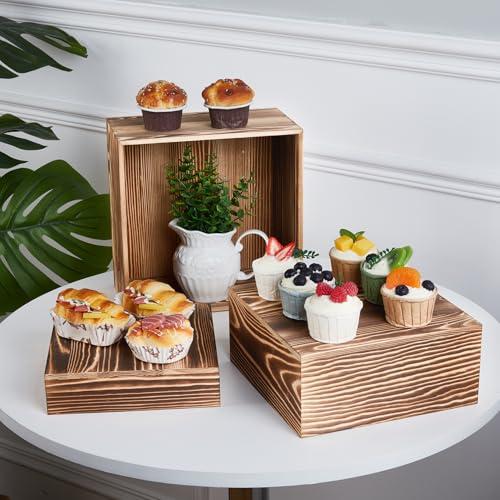 Garvee 6 Pack Wooden Risers Display Stands, 5/6/7/8/9/10 in Square Wood Cake Cupcake Stands, Buffet Food Risers, Decorative Wooden Crates for Party, Wedding, Christmas Decor, Brown