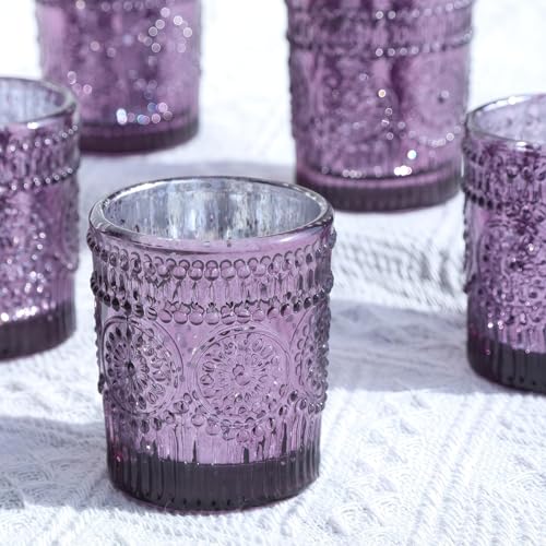 VOHO 12pcs Sunflower Purple Votive Candle Holders for Table Centerpiece, Mercury Tealight Candle Holder for Wedding Decor, Boho Tea Light Candle Holder Glass Gifts for Easter Halloween(2.1x2.6 In,W/H) - color: Purple