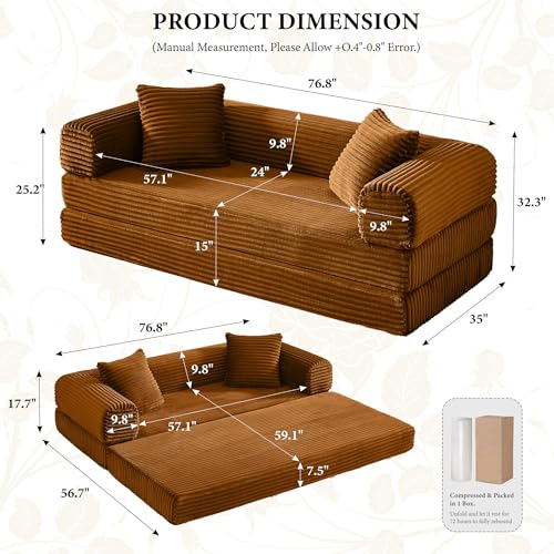 Boneless Couch Versatile Couches for Living Room No-Install Sofa Bed Corduroy Futon Soft Cloud Couch with Pillows for Bedroom Game Movie (Orange, 76") - color: Orange