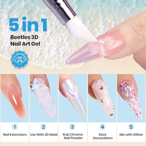 Beetles 3D Gel Nail Art with 3D Mold-2 Pcs Sandy Glow Clear and White Solid Builder Gels for Nails Non-Sticky Sculpting with Dual-Ended Sculpture Pen, Beginner Friendly DIY at Home,UV LED Lamp Needed - color: B4-Clear & White Solid Builder Gel
