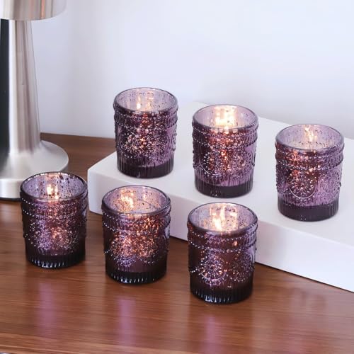 VOHO 12pcs Sunflower Purple Votive Candle Holders for Table Centerpiece, Mercury Tealight Candle Holder for Wedding Decor, Boho Tea Light Candle Holder Glass Gifts for Easter Halloween(2.1x2.6 In,W/H) - color: Purple