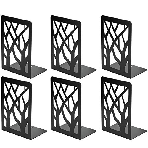MaxGear Book Ends Tree Design Modern Bookends for Shelves, Non-Skid Bookend, Heavy Duty Metal Book Stopper for Books/CDs, Decorative Books Shelf for Home,7 x 4.7 x 3.5”, Black, 3 Pair/6 Pieces, Large - size: 3 Pairs